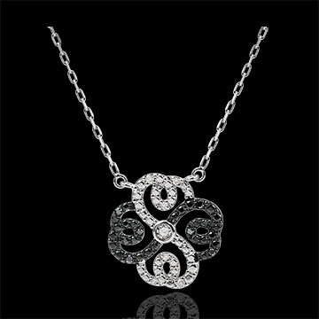Colier Prospeţime - Trifoi Arabesc - aur alb de 9K diamante albe şi diamante negre