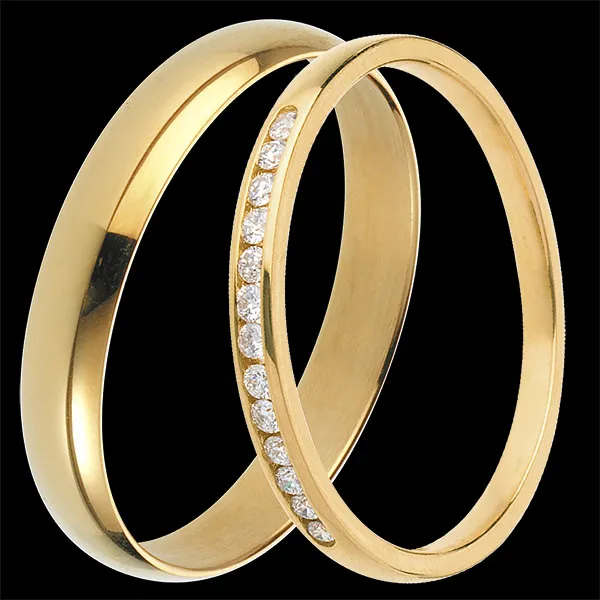 Pure & Serti Rail Wedding Ring Duo - Yellow Gold & Diamonds - 18 Carat