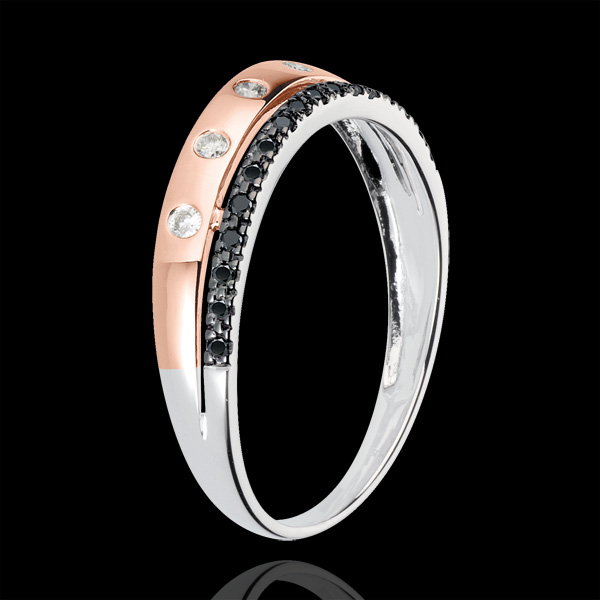 Ring Betovering - Sterrenkroon - klein model - 18 karaat witgoug en rozégoud - zwarte en witte Diamanten