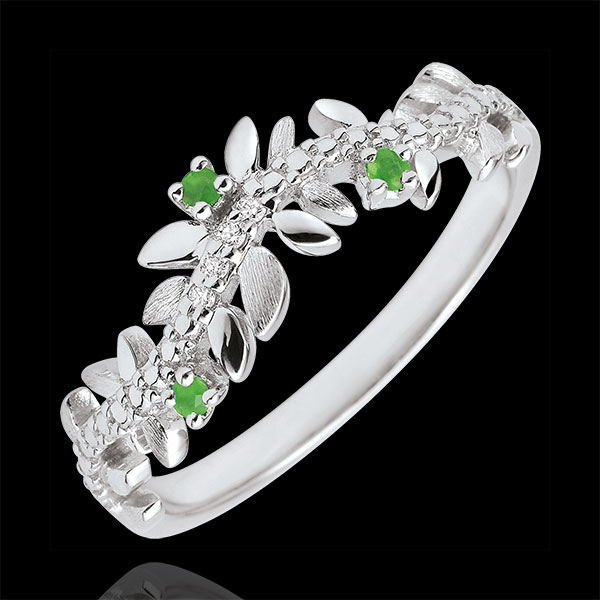 Ring Magische Tuin - Gebladerte Royal - 9 karaat witgoud, Diamant en smaragden