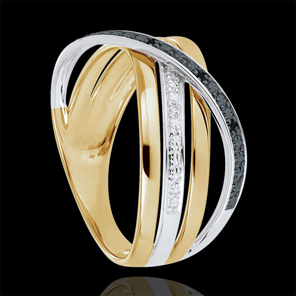 Ring Saturn Quadri - yellow gold - black and white diamonds - 9 carat