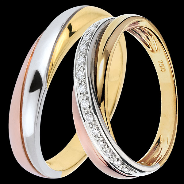 Saturne duo trouwringen – Drie kleuren goud & diamanten – 18 karaat