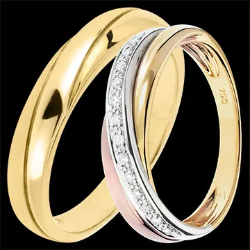 Saturne duo trouwringen – Geelgoud & driemaal goud met diamanten – 18 karaat