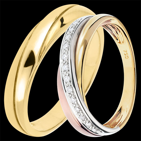 Saturne duo trouwringen – Geelgoud & driemaal goud met diamanten – 18 karaat