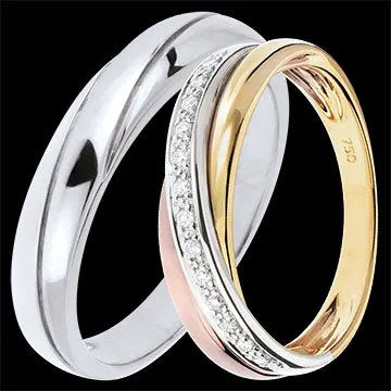 Saturne duo trouwringen – Witgoud, drie kleuren goud & diamanten – 18 karaat