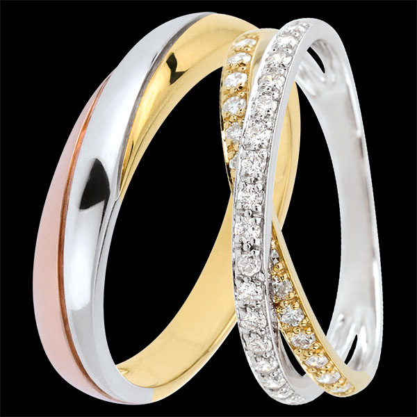 Saturne Duo Wedding Rings – Three Golds & Yellow and White Gold with Diamonds – 9 Carat