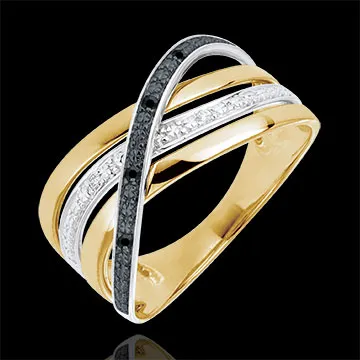 Bague Saturne Quadri - diamants noirs et blancs - or blanc et or jaune 9 carats