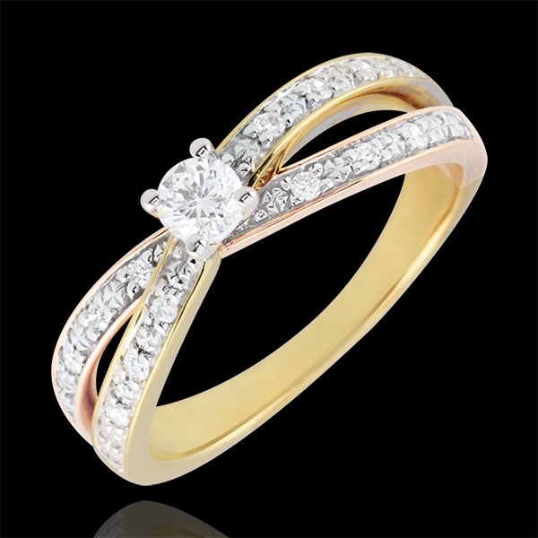 Solitaire Ring Saturn Duo double diamond - three golds - 0.15 carat - 18 carat