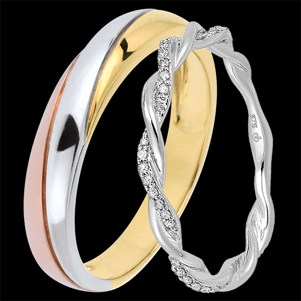 Saturne & Olympe Dubbelen Trouwringset – Drie gouden kleuren, witgoud en diamanten – 9 karaat