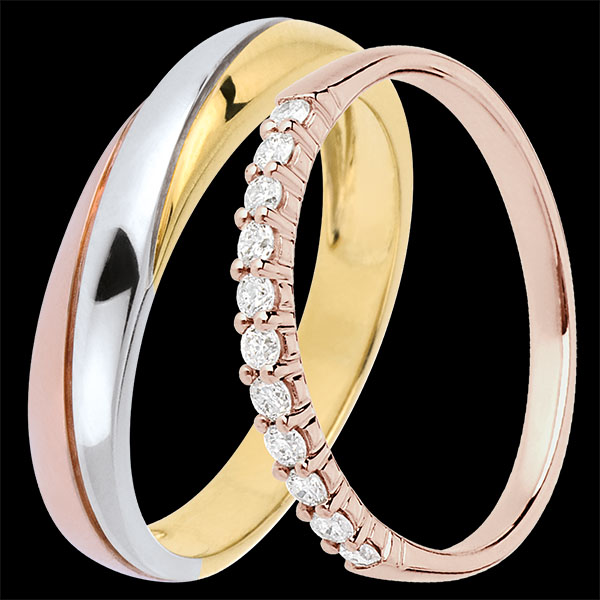 Saturne & Origine Wedding Rings Duo – Three Golds & Rose Gold with Diamonds – 18 Carat