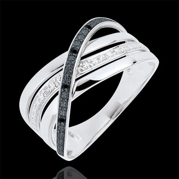 Anello Saturno Quadri - oro bianco - diamanti neri e bianchi - 9 carati