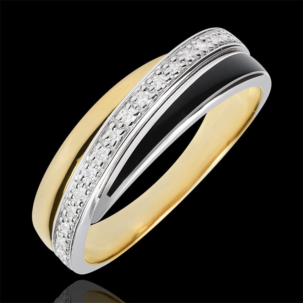 Anello Saturno Diamante - Oro bianco e Oro giallo - 9 carati - Lacca nera - Diamanti