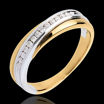 Alianza oro amarillo y oro blanco engaste raíl - 14 diamantes