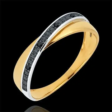 Fede Saturno Duetto - Oro giallo e Oro bianco - 9 carati - Diamanti neri