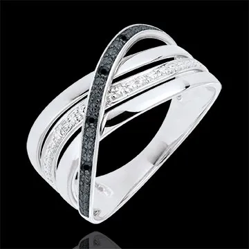Anello Saturno Quadri - oro bianco - diamanti neri e bianchi - 9 carati