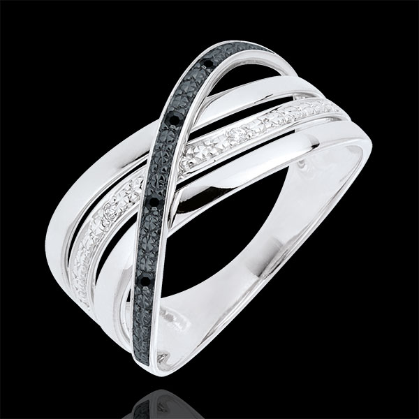 Ring Saturnus Vierling - 9 karaat witgoud - zwarte en witte Diamanten - 9 karaat