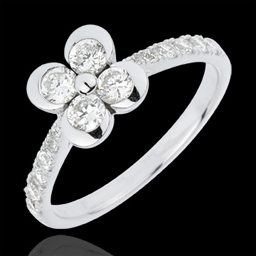 Anello Solitario Sboccio - Quadrifoglio degli Innamorati variazione - Oro bianco - 18 carati - 14 Diamanti - 0.73 carati