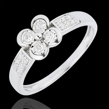 Anello Solitario Sboccio - Quadrifoglio degli Innamorati - Oro bianco - 18 carati - 12 Diamanti - 0.148 carati