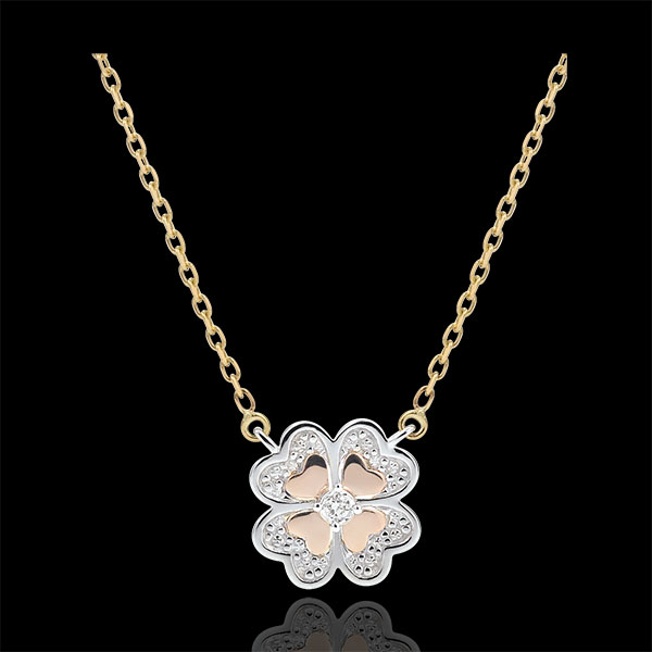 Collana Sboccio - Quadrifoglio Splendente - 3 ori - 9 carati - Diamanti