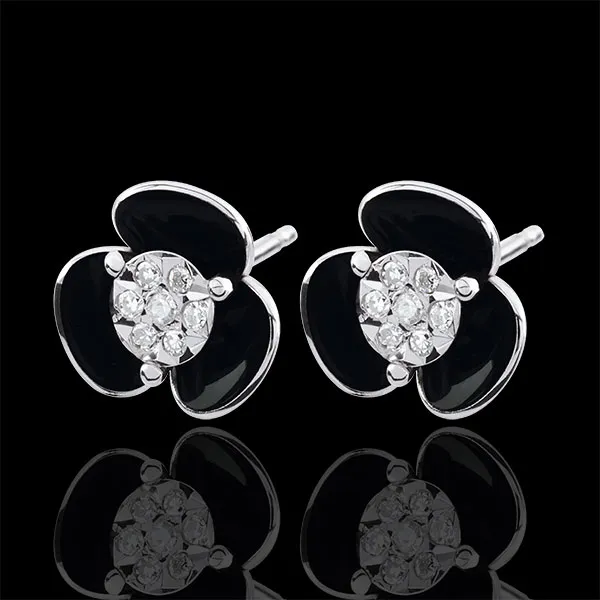 Orecchini Sboccio - Fiori di mezzanotte - Oro bianco e lacca - 9 carati - Diamanti