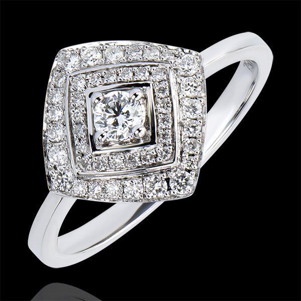 Verlobungsring Schicksal - Geometrischer doppelter Halo - 18 Karat Weißgold und Diamanten