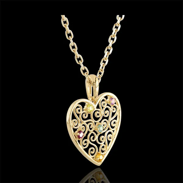 Ciondolo Cuore Pizzo - Oro giallo - 9 carati - Quarzo citrino- Olivina - Rodolite - Topazio