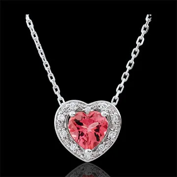 Collana Cuore Incantato - Oro bianco - 9 carati - 10 Diamanti - Tormalina rosa - 0.83 carati
