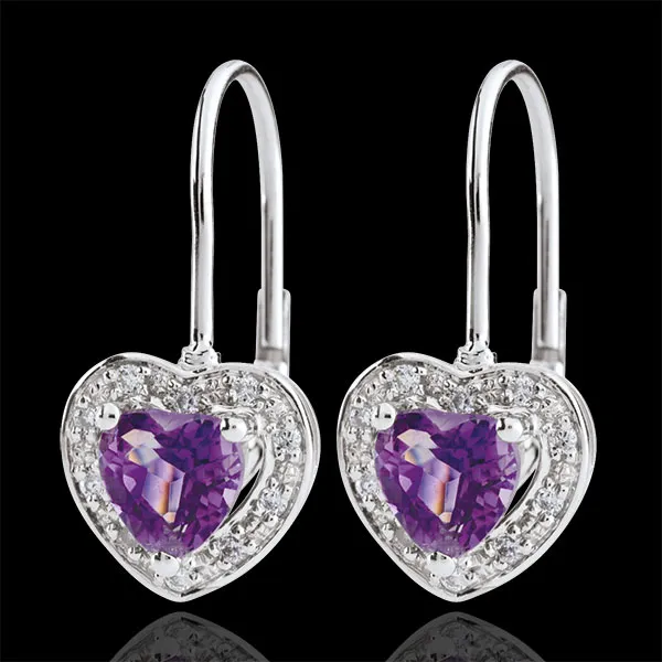 Orecchini Cuore Incantato - Oro bianco - 9 carati - 20 Diamanti - Ametista - 0.83 carati