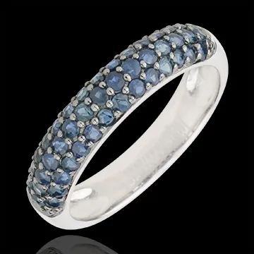 Anello Uccello del Paradiso - tre file - Oro bianco - 9 carati - Zaffiro blu