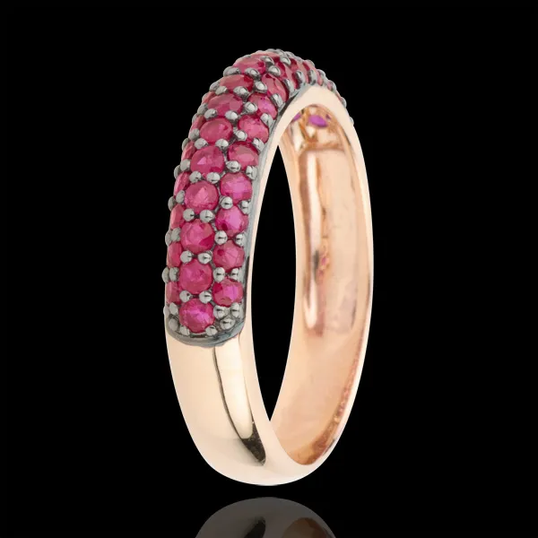 Anello Uccello del Paradiso - tre file - Oro rosa - 9 carati - Rubini