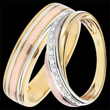 Ulysse & Saturne Trauring-Duo – Drei Goldtöne & Diamanten – 18-karätiges Gold