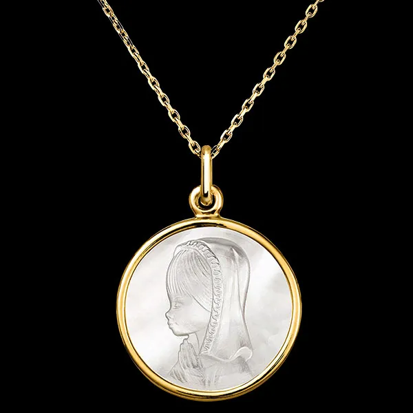 Medaille der betenden Jungfrau Maria – 18-karätiges Gelbgold und Perlmutt