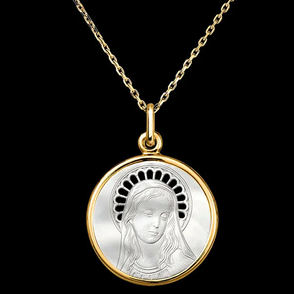 Durchbrochene Heilige Maria Medaille – 18-karätiges Gelbgold und Perlmutt