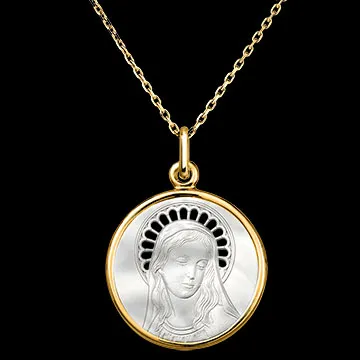 Durchbrochene Heilige Maria Medaille – 18-karätiges Gelbgold und Perlmutt