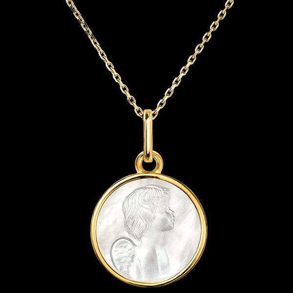 Medaille Der Perlige Engel – 18-karätiges Gelbgold und Perlmutt