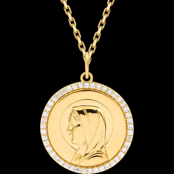 Runde Taufmedaille mit links blickender Jungfrau Maria – 9-karätiges Gelbgold und synthetische Diamanten