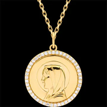 Runde Taufmedaille mit links blickender Jungfrau Maria – 9-karätiges Gelbgold und synthetische Diamanten