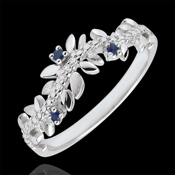 Ring Verzauberter Garten - Königliches Blattwerk - Weißgold, Diamanten und Saphire - 9 Karat