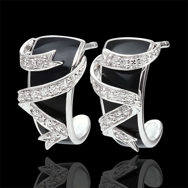 White Gold Earrings - Ribbon Stars - diamonds and black lacquer
