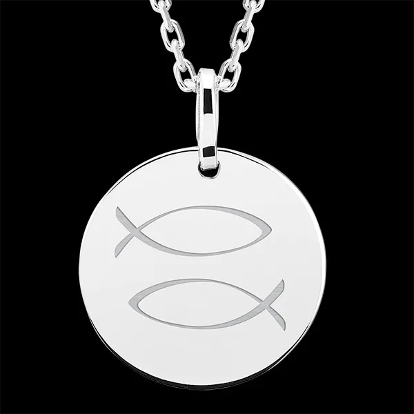 Medalion rotund gravat - Pisces - aur alb de 9 carate - Colecția Zodiac Yours - Edenly Yours