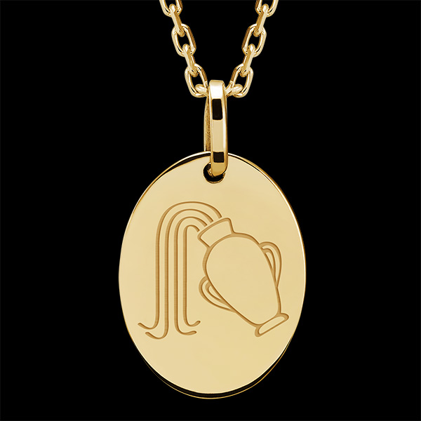 Grawerowany medalik owalny - Aquarius - 9 karatowe żółte złoto - Kolekcja Zodiac Yours - Edenly Yours