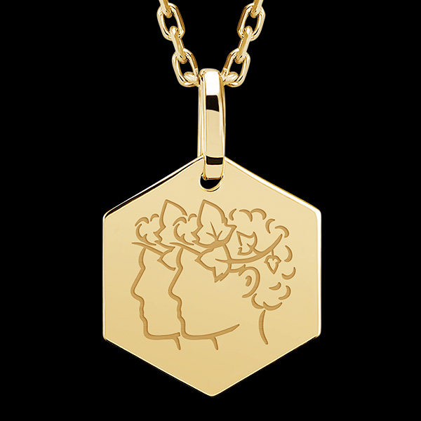 Medalion hexagonal gravat - Gemini - aur galben de 9 carate - Colecția Zodiac Yours - Edenly Yours