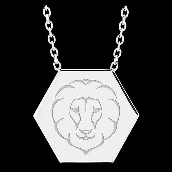 Halskette mit sechseckigem Anhänger mit Gravur - Leo - Weißgold, 9 Karat - Kollektion Zodiac Yours - Edenly Yours