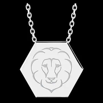 Naszyjnik z grawerowanym medalikiem w kształcie sześciokąta - Leo - 9 karatowe białe złoto - Kolekcja Zodiac Yours - Edenly Your