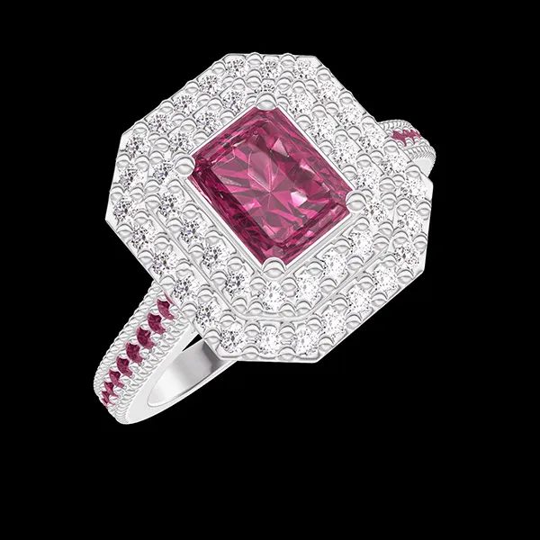 « L'Atelier » Nº1063243 - Anillo Oro blanco 18 quilates - Rubí sintético Rectángulo 0.5 quilates - Halo Diamante de laboratorio - Engastado Rubí
