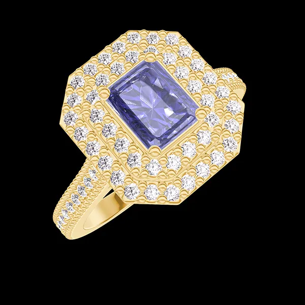 « L'Atelier » Nº1063957 - Ring Gelbgold 750/-(18Kt) - Synthetischer Saphir Rechteckig 0.5 Karat - Halo Labordiamant - Fassung Labordiamant