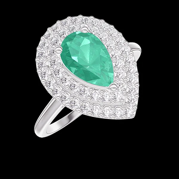 « L'Atelier » Nº1064520 - Bague Or blanc 9 carats - Émeraude synthétique Poire 0.5 carat - Halo Diamant synthétique