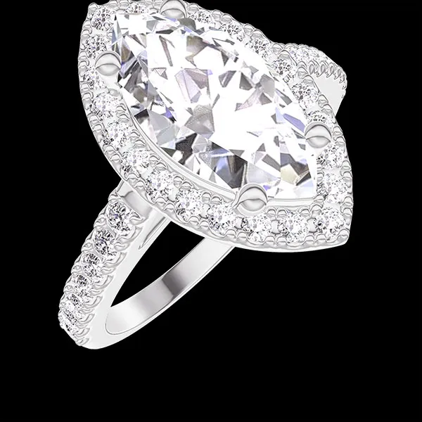 « L'Atelier » nº 1275848 - Bague Or blanc 18 carats - Diamant synthétique Marquise 1 carat - Halo Diamant synthétique - Sertissage Diamant synthétique