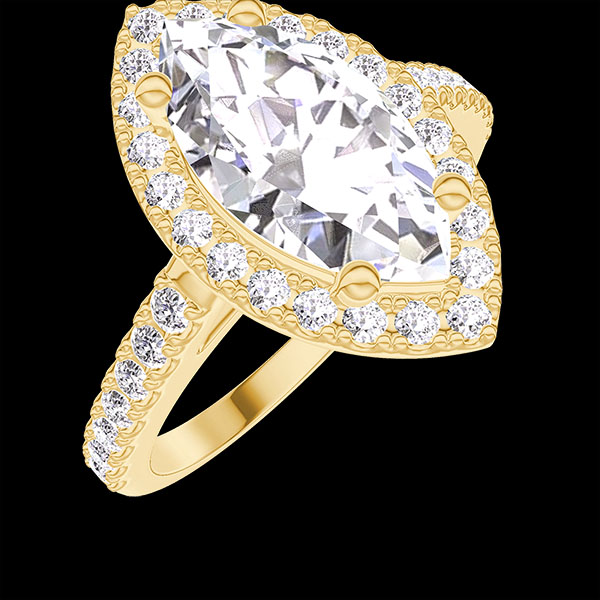 « L'Atelier » nº 1275849 - Bague Or jaune 375 ‰ (9 carats) - Diamant synthétique Marquise 1 carat - Halo Diamant synthétique - Sertissage Diamant synthétique