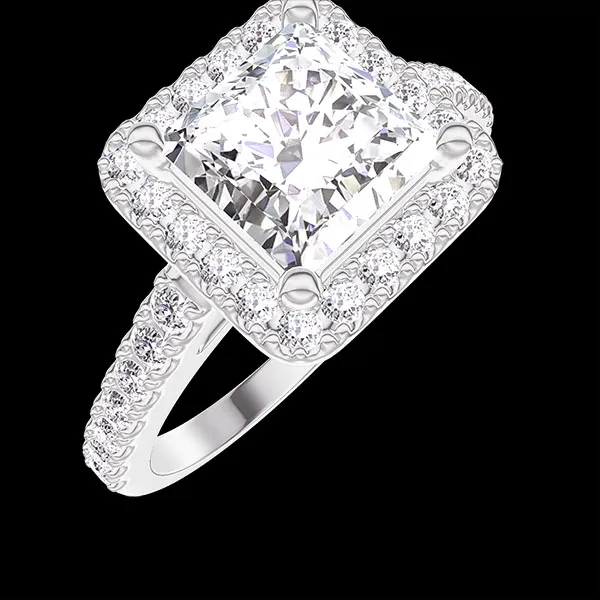 « L'Atelier » No. 1276050 - Ring White gold 9 carats - Laboratory Diamond Princess 1 Carats - Halo Laboratory Diamond - Setting Laboratory Diamond